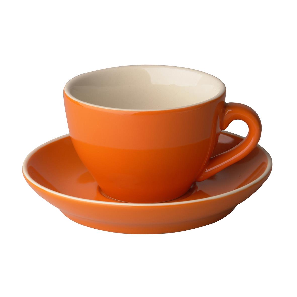 Druck einer orangefarbenen Robusta Cappuccinotasse mit Untertasse Druck einer orangefarbenen Robusta Cappuccinotasse mit Untertasse